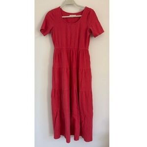 Downeast Red Textured Tiered Maxi Dress Short Sleeve Pockets DB20060015 Small